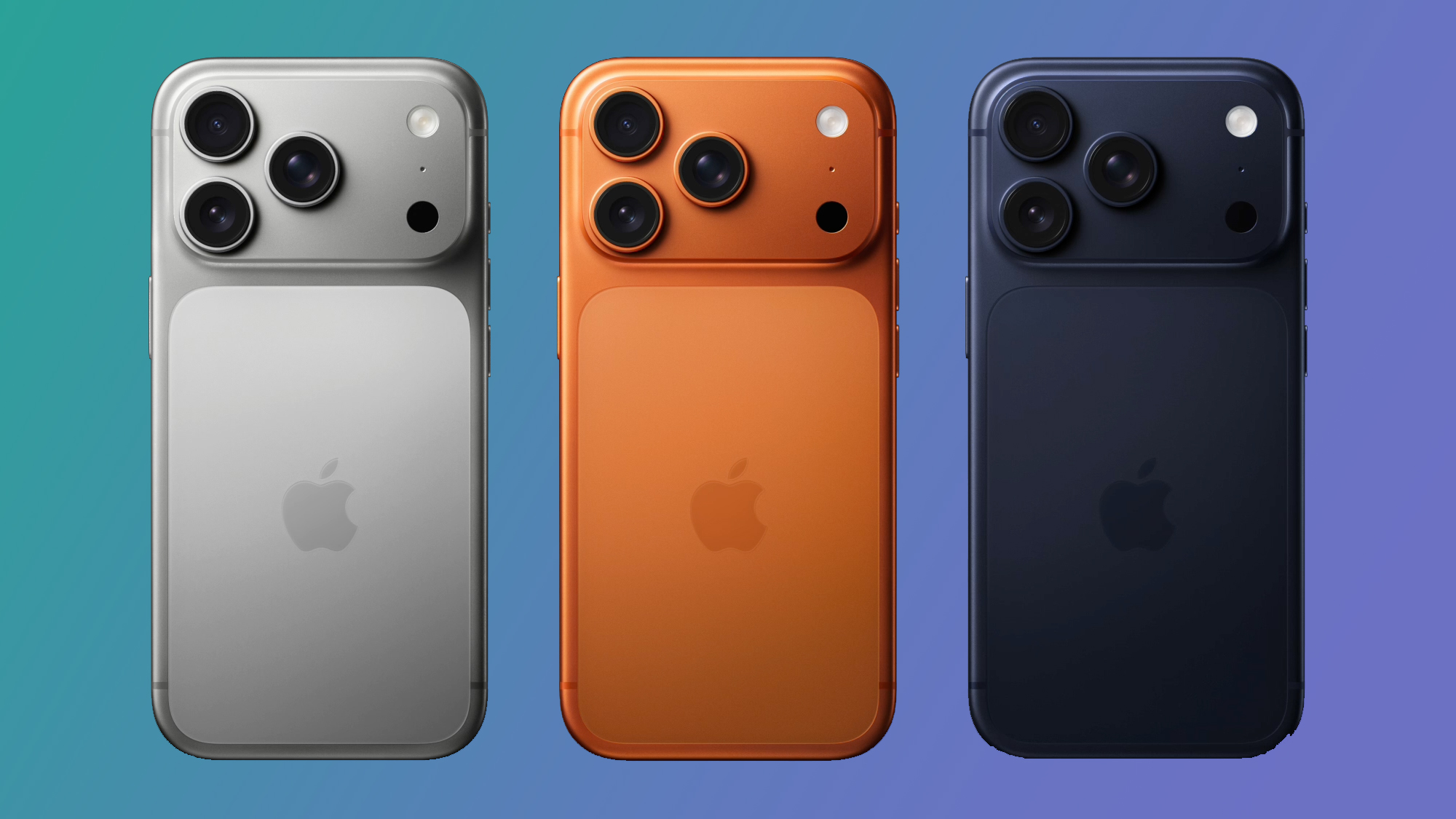 Three iPhone 17 Pro telephones on a green and purple background