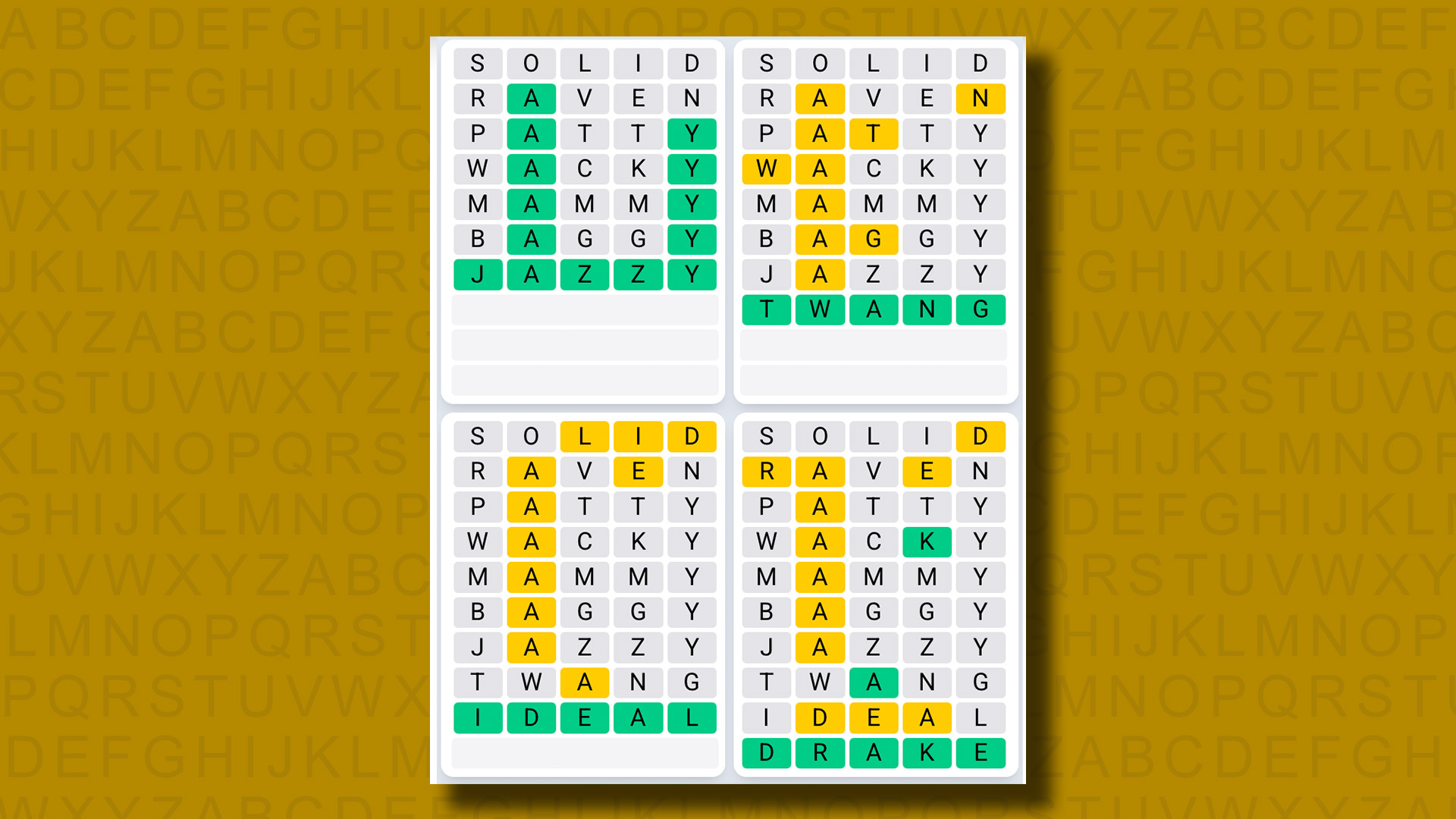 Quordle Daily Sequence Reply to Games 1328 on a Yellow Background