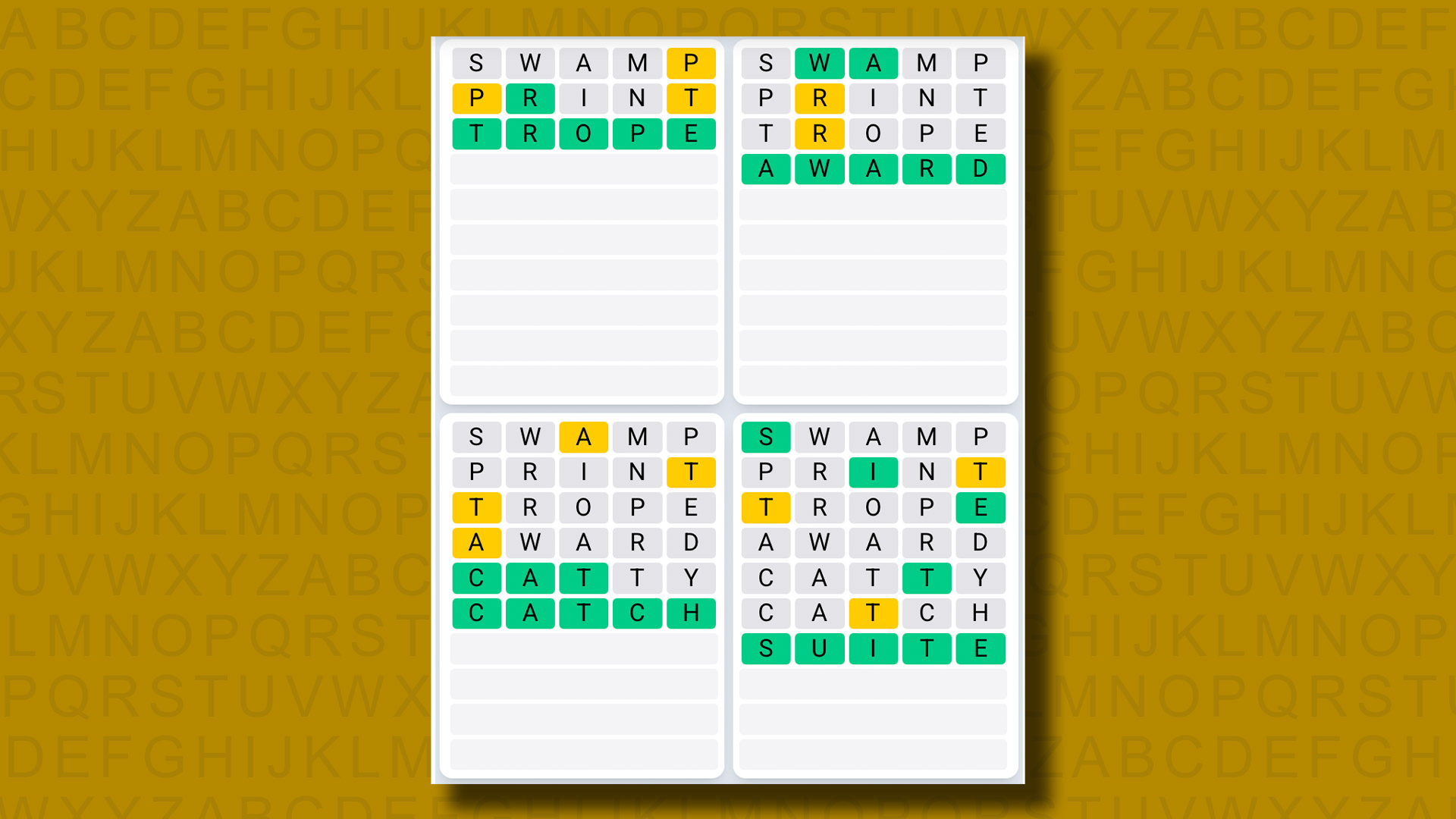 Quordle Daily Sequence Reply to Games 1329 on a Yellow Background