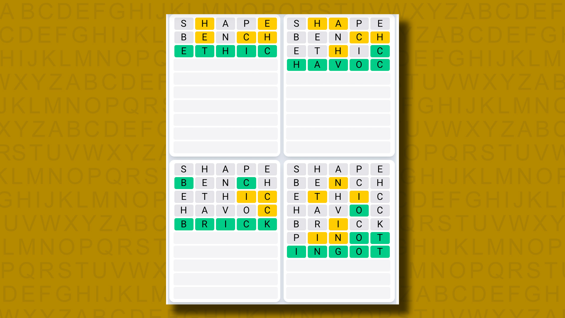Quordle Daily Sequence Reply to Games 1332 on a Yellow Background