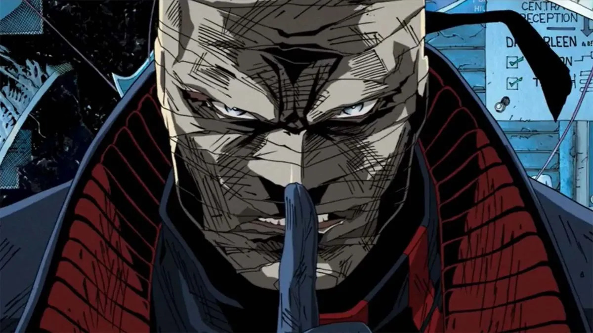 A close-up of the Batman villain Hush in a DC cartoon
