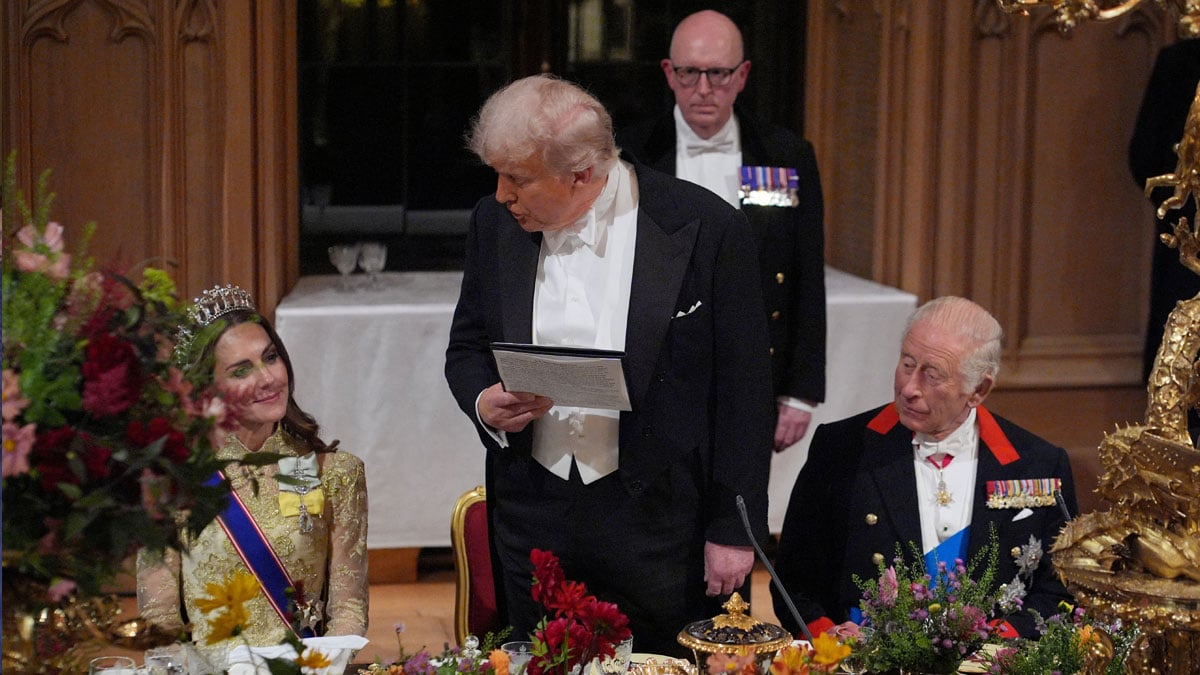 US President Donald Trump gives his speech as King Charles and the Princess of Wales listen to the state of the state to US President and First Lady Melania Trump at Windsor Castle, Berkshire, on day one of their second state visits to Britain on Wednesday 17 September 2025. Yui Mok/Pool via Reuters