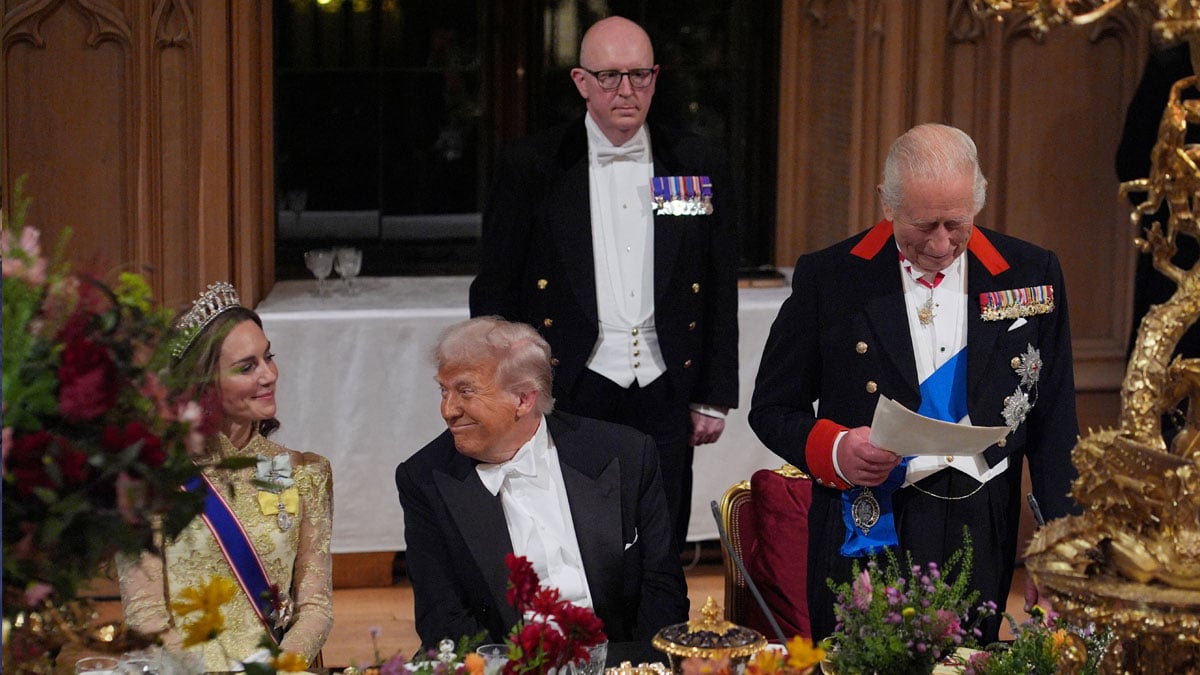King Charles III gives his speech when US President Donald Trump and the princess of Wales listen to the state of the state to US president and First Lady Melania Trump at Windsor Castle, Berkshire, on day one of their second state visits to Britain, Wednesday 17 September 2025. Yui Mok/Pool via Reuters