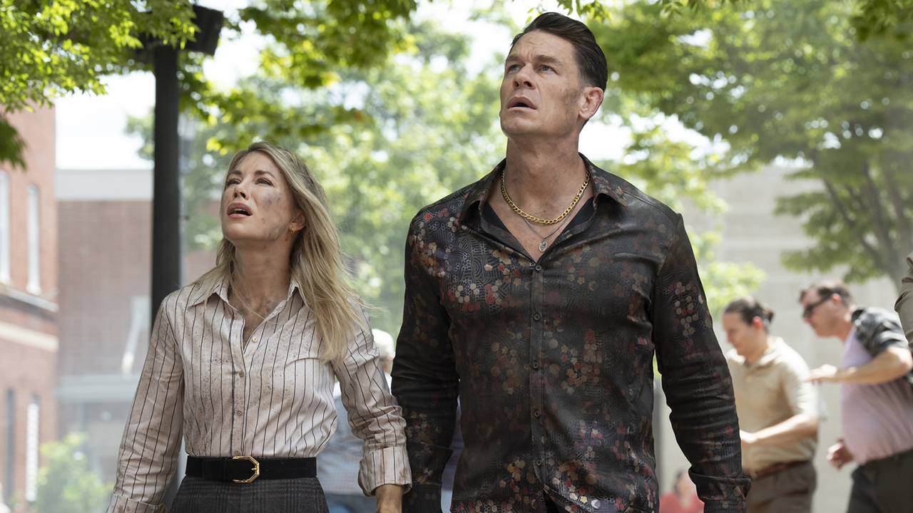 Emilia Harcourt #2 and Chris Smith No. 1 Looking up in Peacemaker Season 2 Section 3