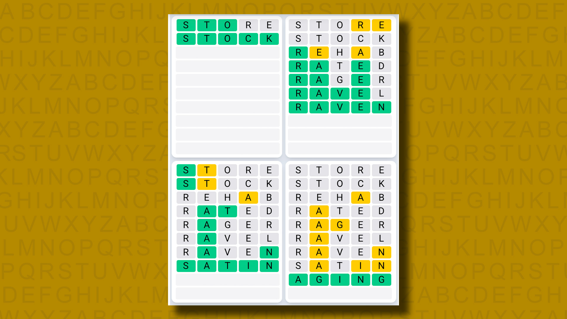 Quordle Daily Sequence Reply to Games 1335 on a Yellow Background