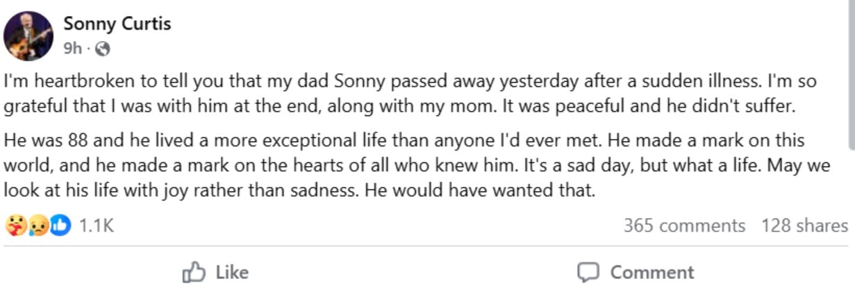 Crickets -frontman Sonny Curtis goes away on September 19, 2025