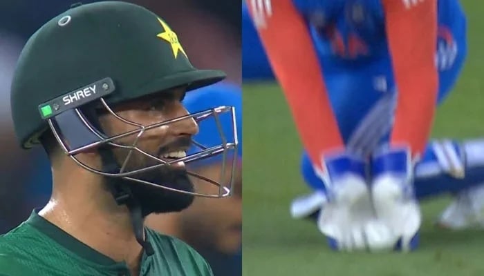 This photo collage shows that Pakistanere Fakhar Zaman (left) responds to his dismissal and Indias Sanju Samson, who gathers the ball during their ACC while the T20 Asia Cup match at Dubai International Cricket Stadium in Dubai on September 21, 2025.