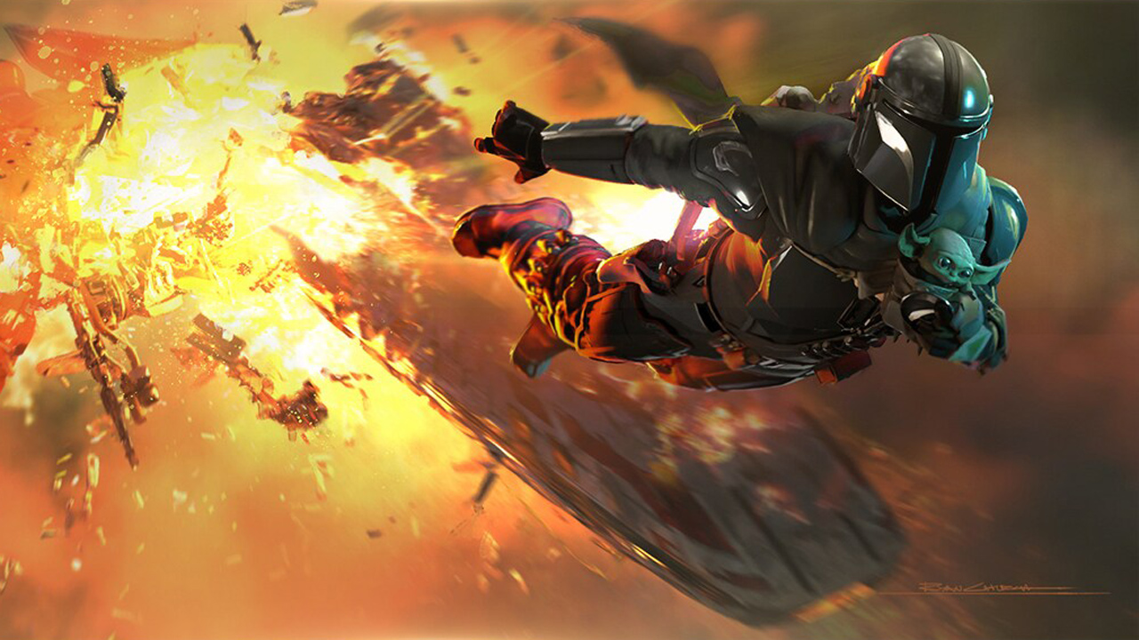 A piece of concept art showing the Mandalorian & amp; amp; Grogu dives away from an exploding ship in their Star Wars movie