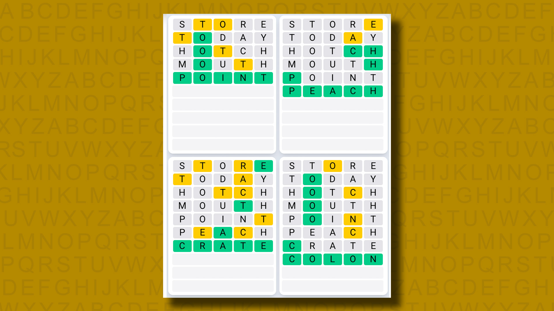 Quordle Daily Sequence Reply to Games 1338 on a Yellow Background