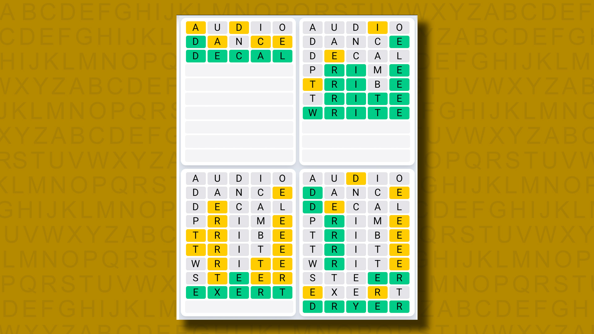 Quordle Daily Sequence Reply to Games 1340 On a Yellow Background