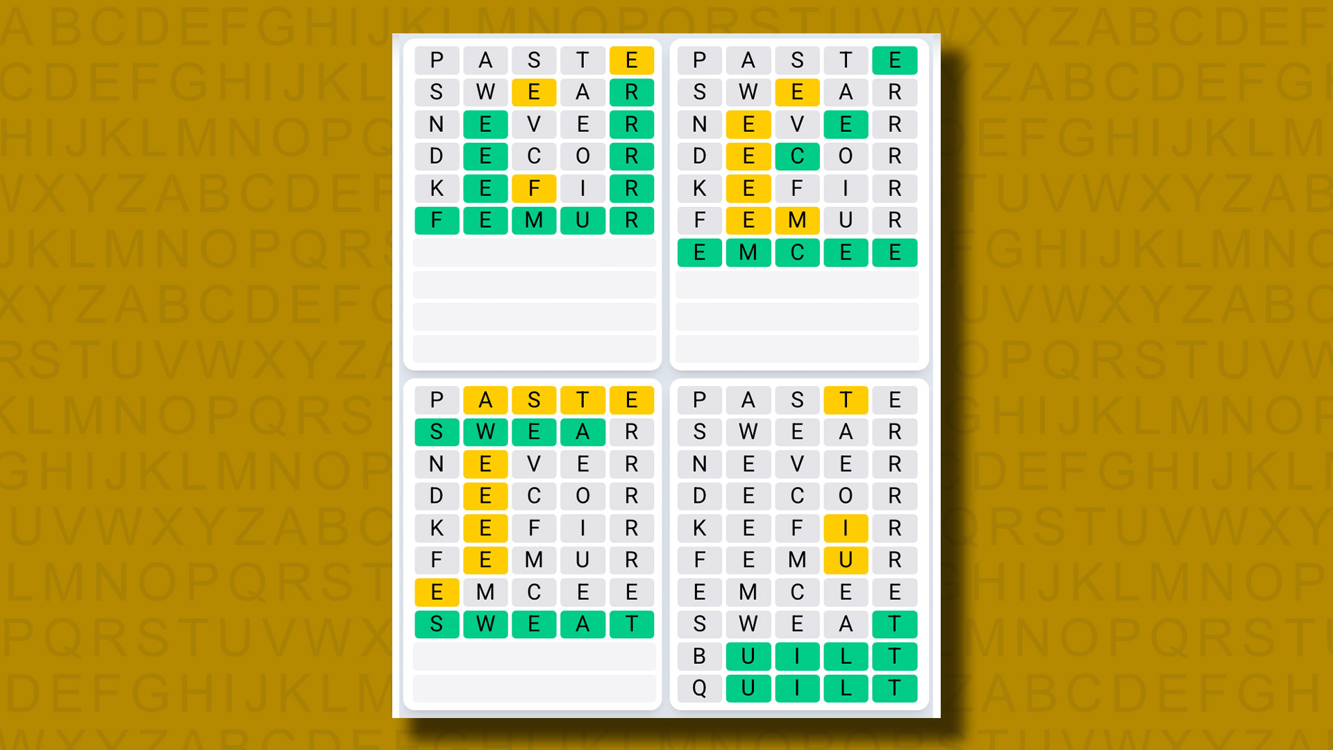 Quordle Daily Sequence Reply to Games 1341 on a Yellow Background
