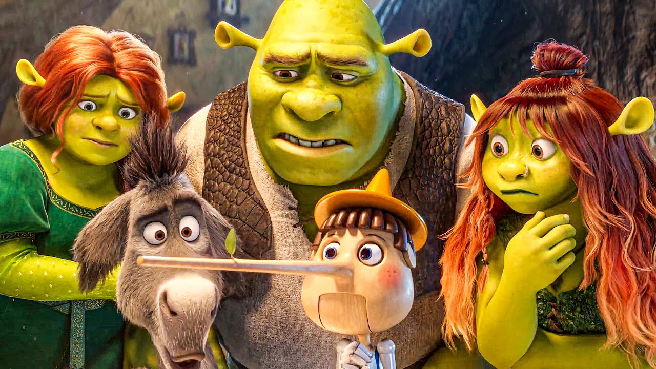Fiona, Donkey, Shrek and Felicia stare at Pinocchio's long nose in Shrek 5