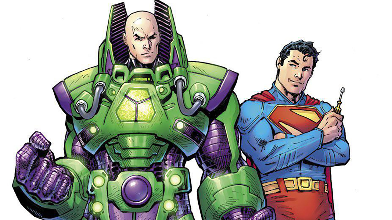 A Jim Lee -Aillustration by Lex Luthor in his Powersuit with Superman leaning against him