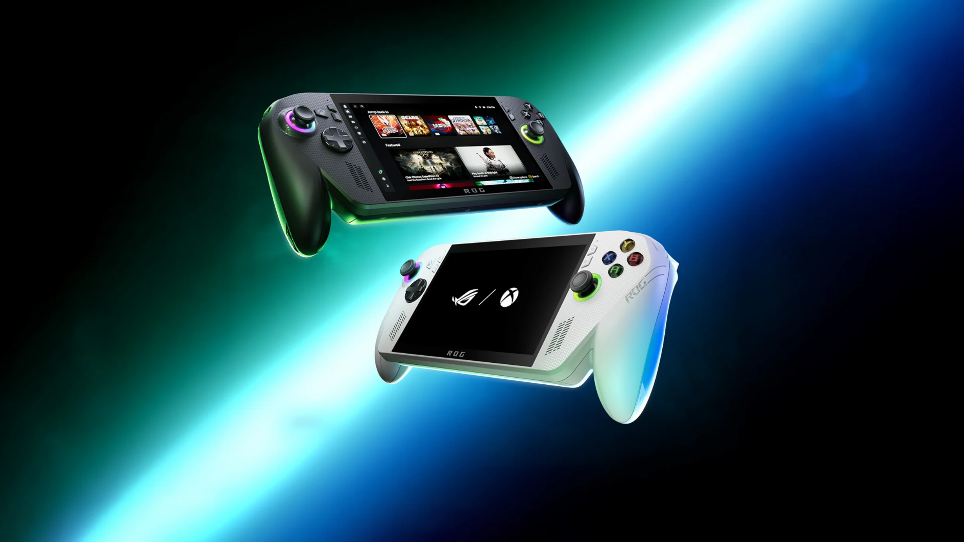 The two ASUS ROG XBOX Ally handheld on a space-themed background