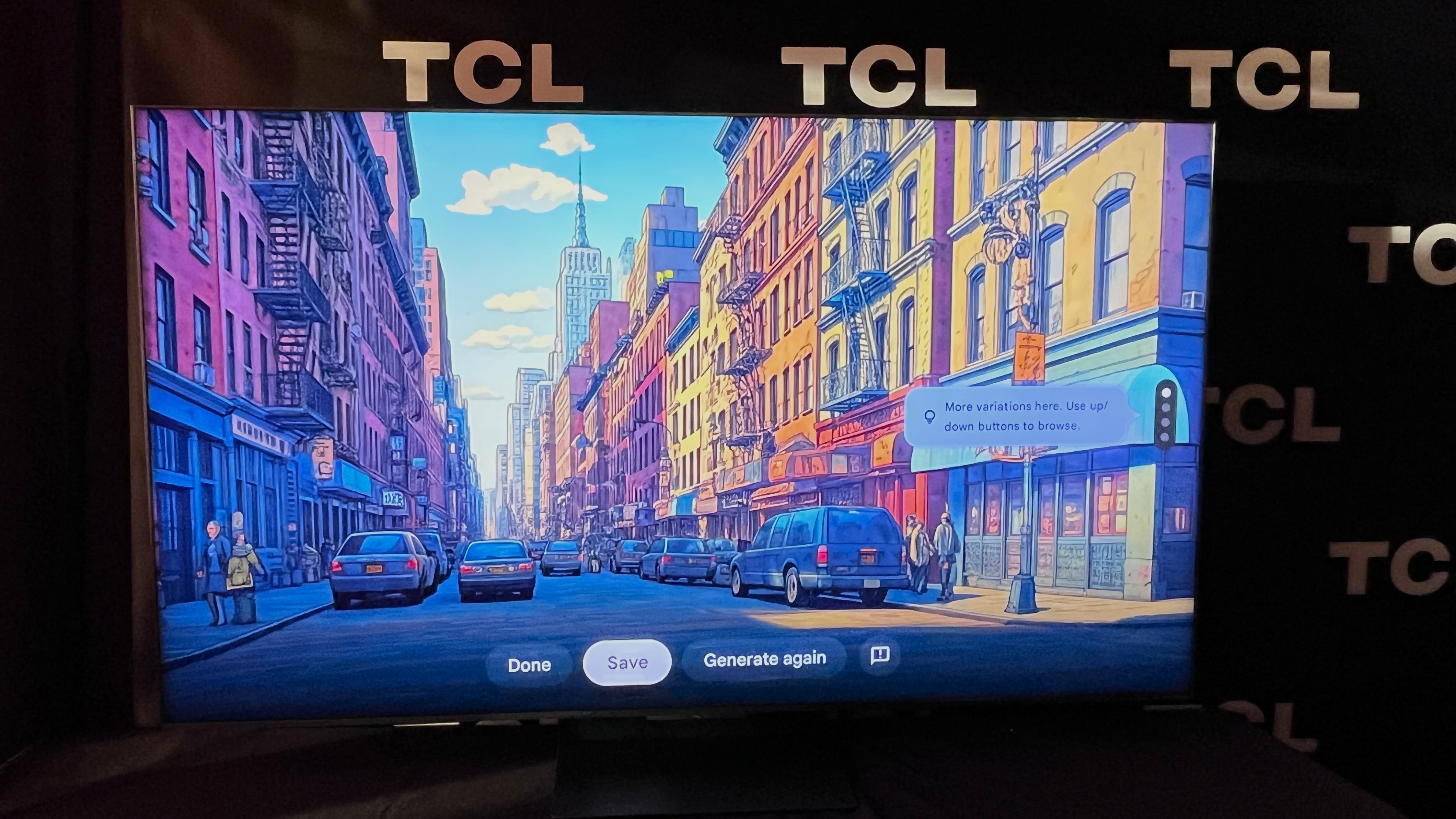 TCL QM9K TV showing a miyazaki-style image of the soho neighborhood in NYC