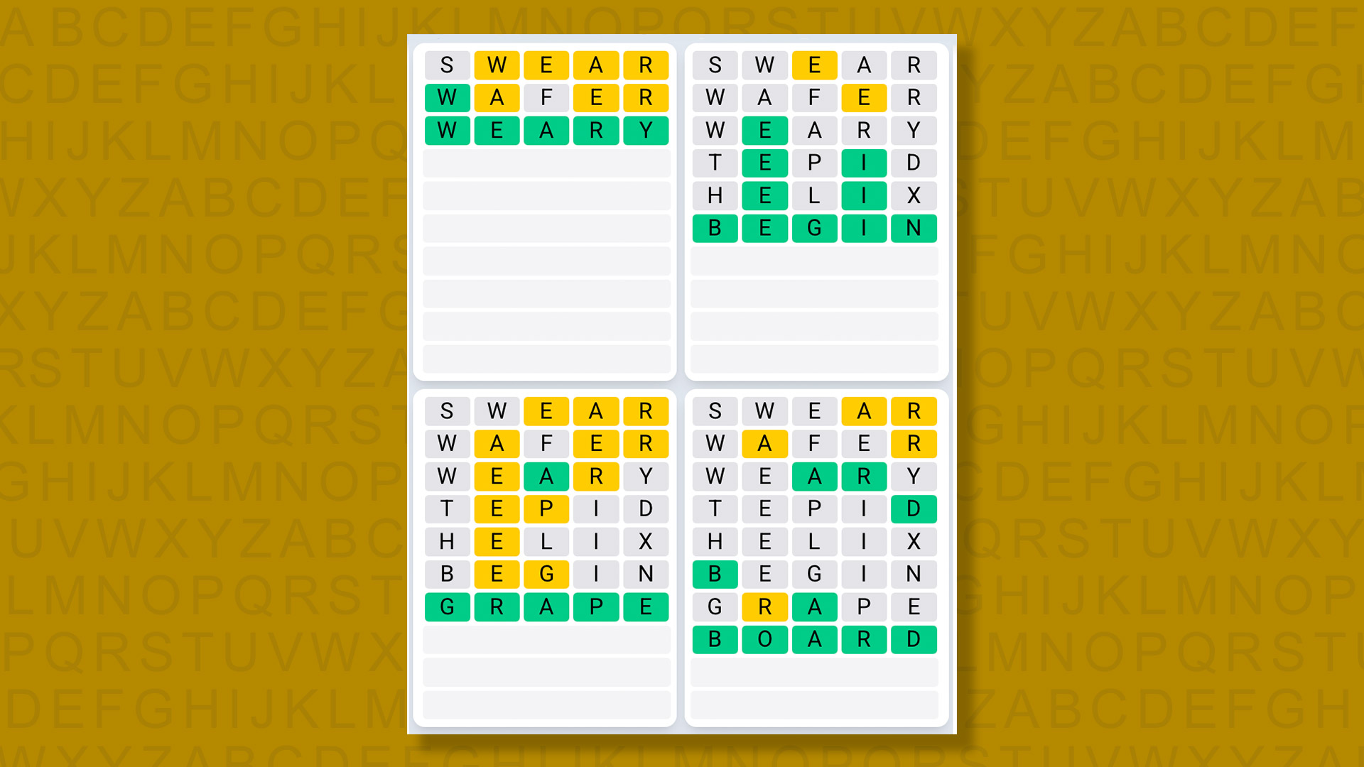 Quordle Daily Sequence Reply to Games 1343 on a Yellow Background