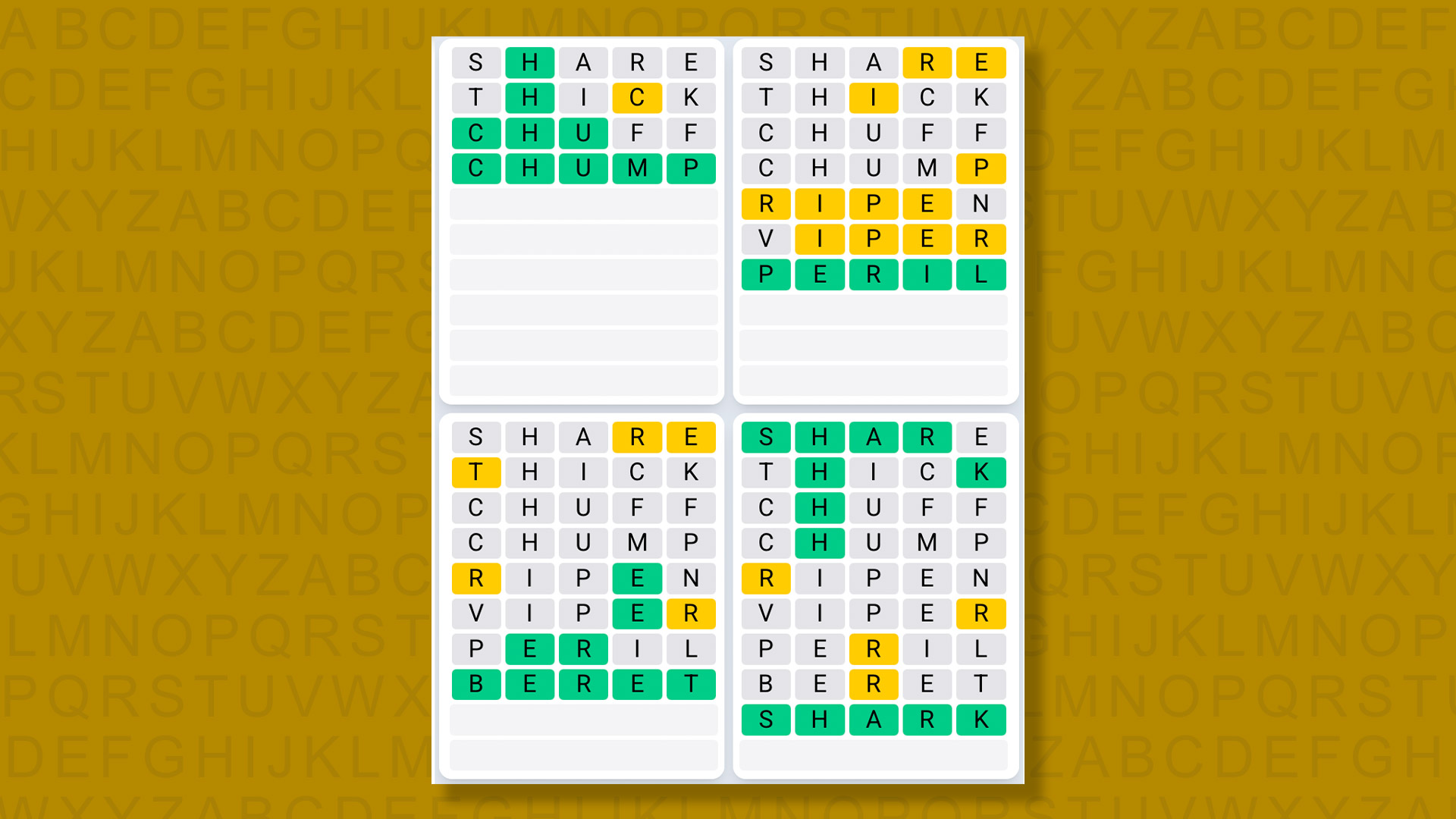 Quordle Daily Sequence Reply to Games 1344 on a Yellow Background