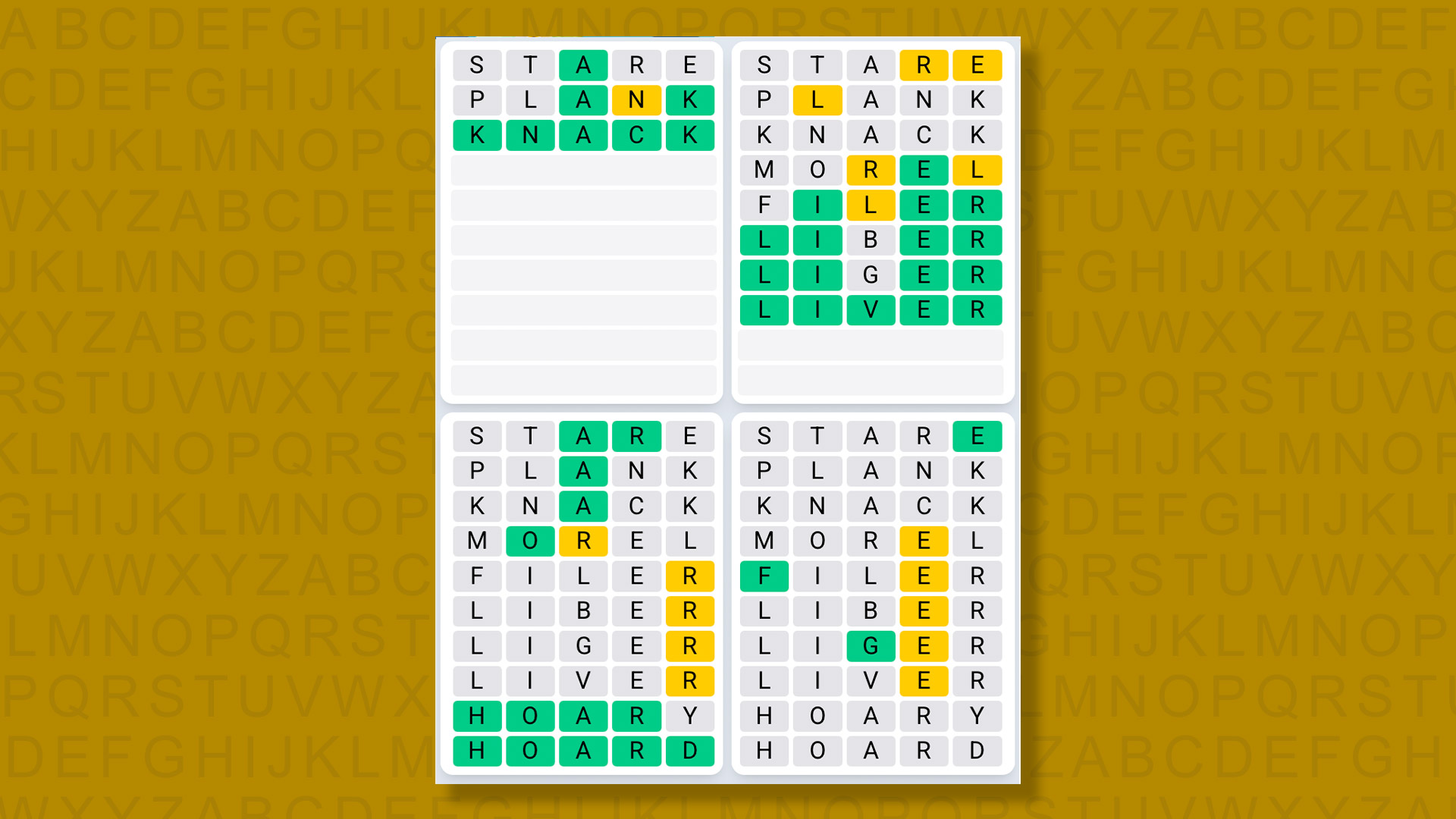 Quordle Daily Sequence Reply to Games 1345 on a Yellow Background