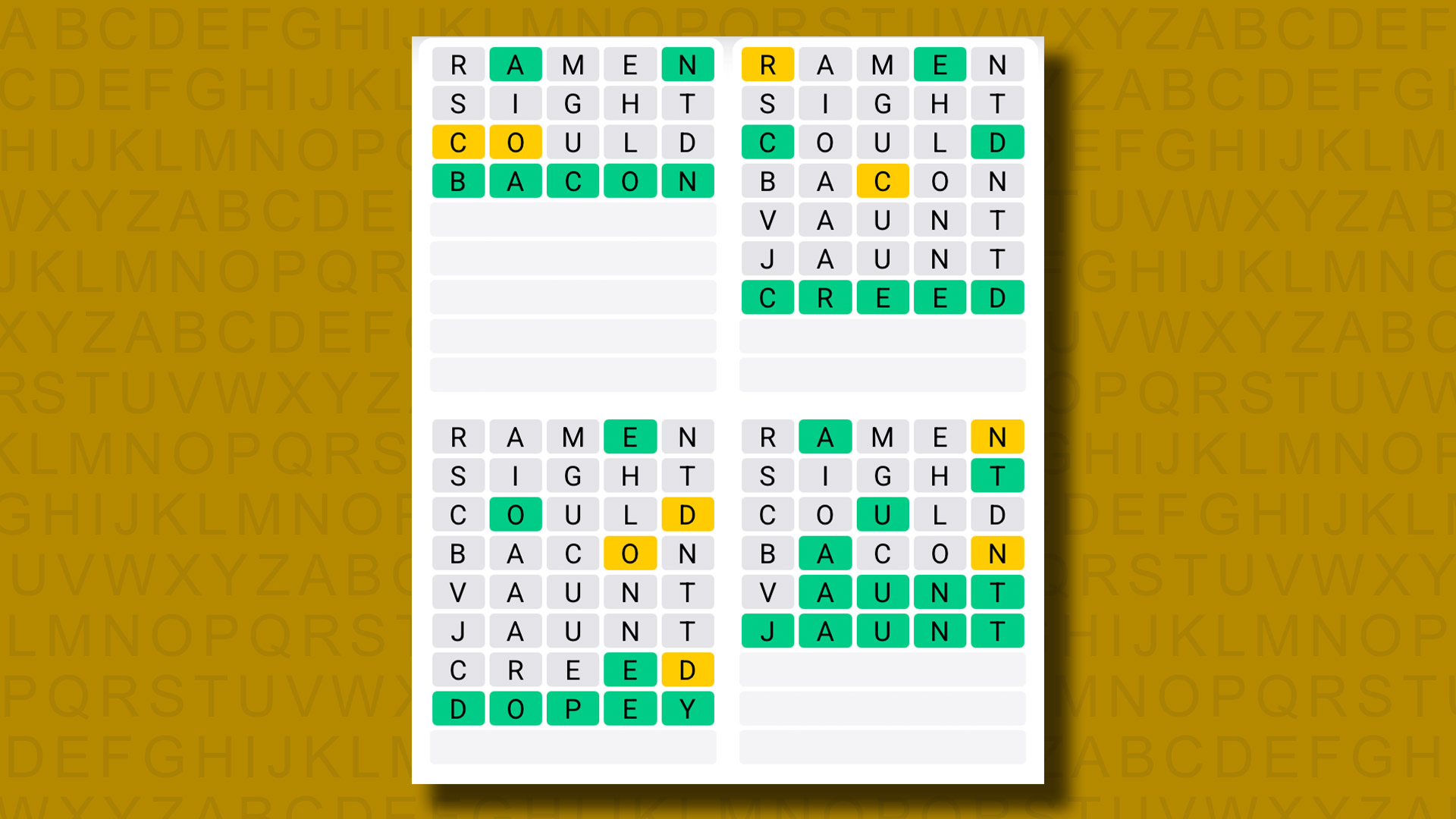 Quordle Reply to Games 1325 on a Yellow Background
