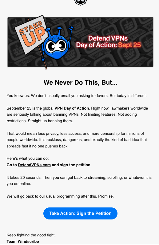 Windscribe 'SE -Mail Sent on September 25, 2025 to ask users to join the Defense Day Action Day