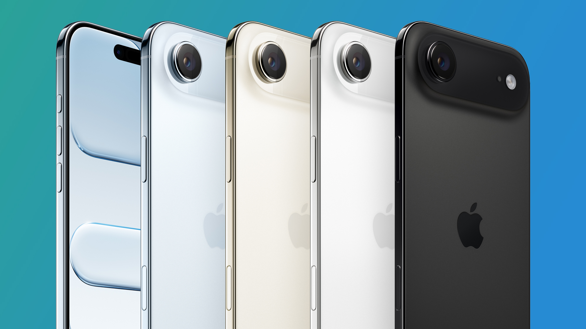 Five iPhone -Uft Phones on a Green and Blue Background