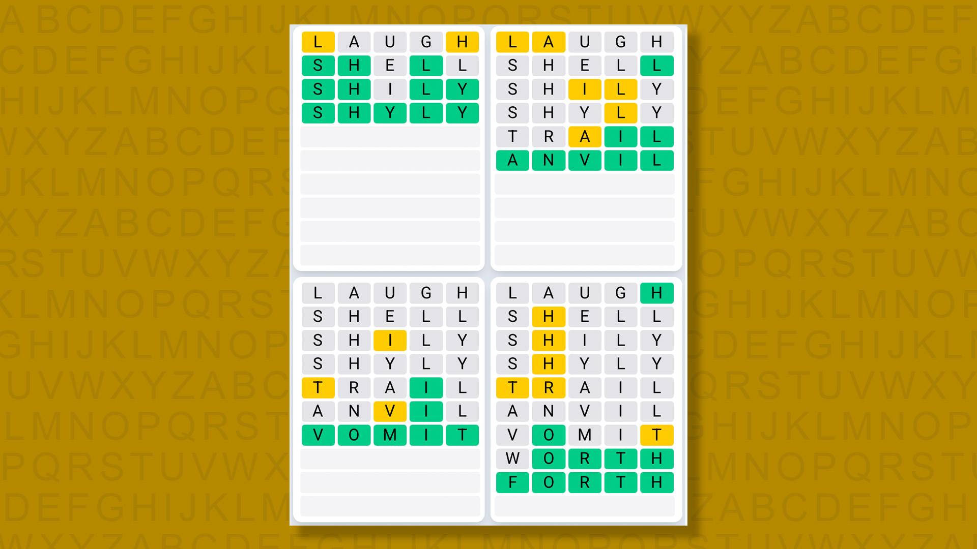 Quordle Daily Sequence Reply to Games 1347 on a Yellow Background