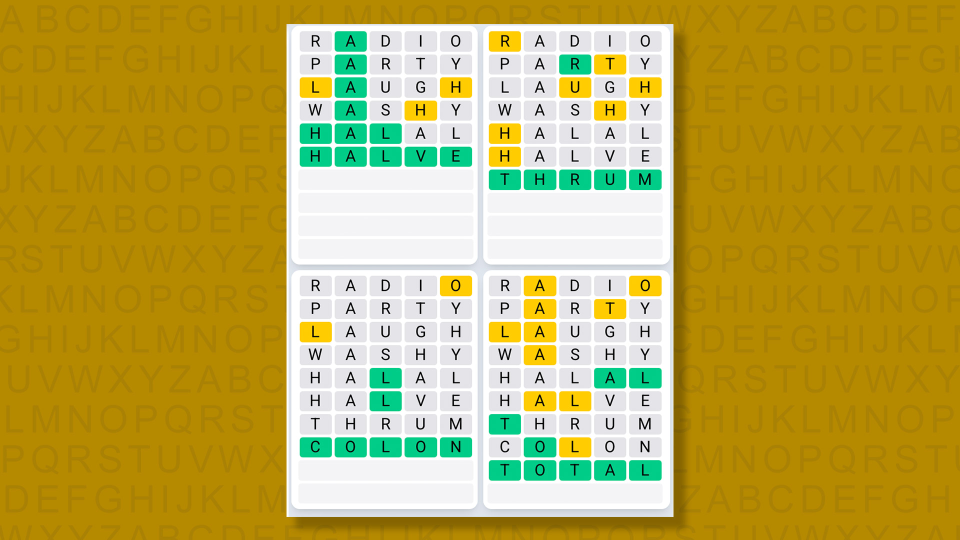 Quordle Daily Sequence Reply to Games 1348 on a Yellow Background