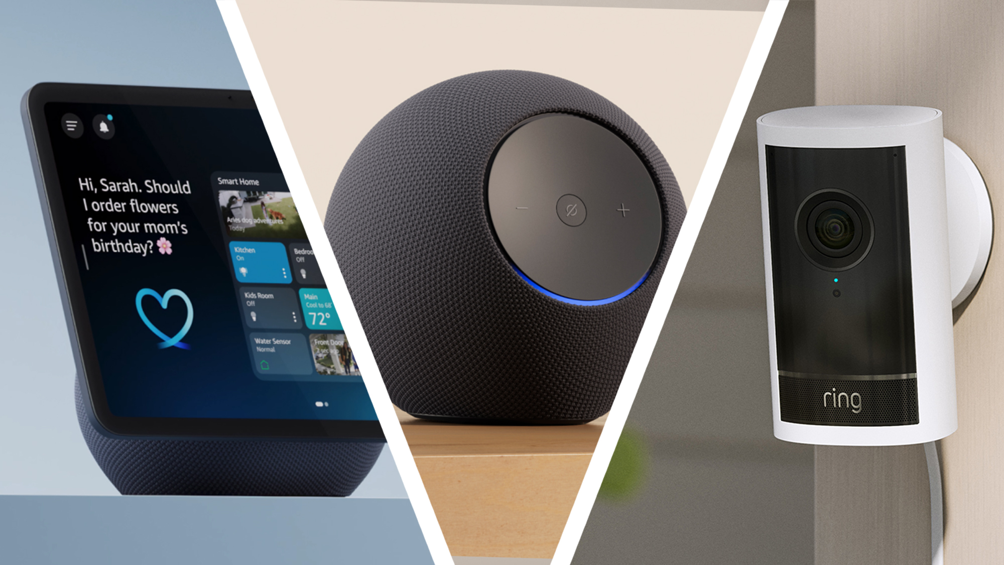 An Amazon Echo -Show next to an Echo Dot and a Ring Dry Bell