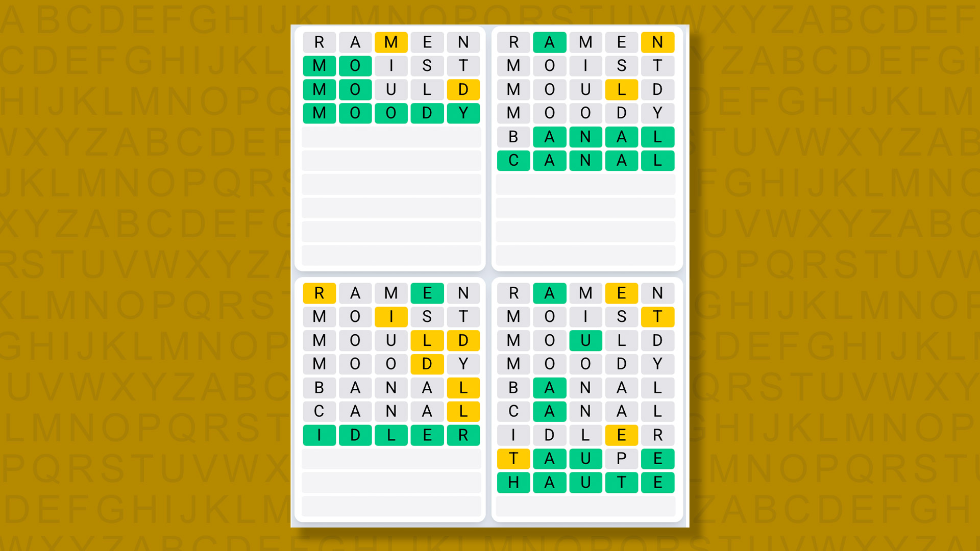 Quordle Daily Sequence Reply to Games 1350 on a Yellow Background