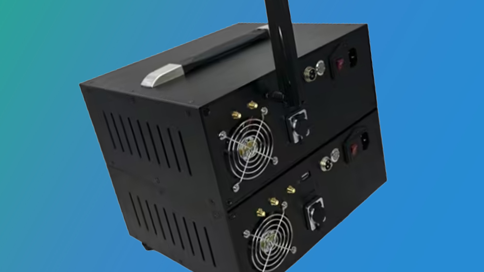 An SMS -TV machine on a green and blue background