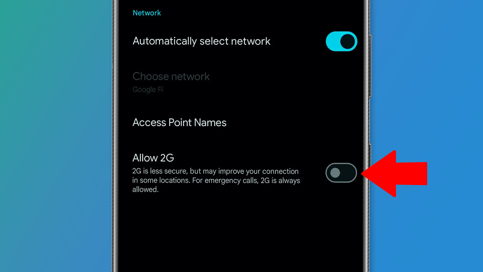 An Android -phone on a green and blue background showing the 2G change setting