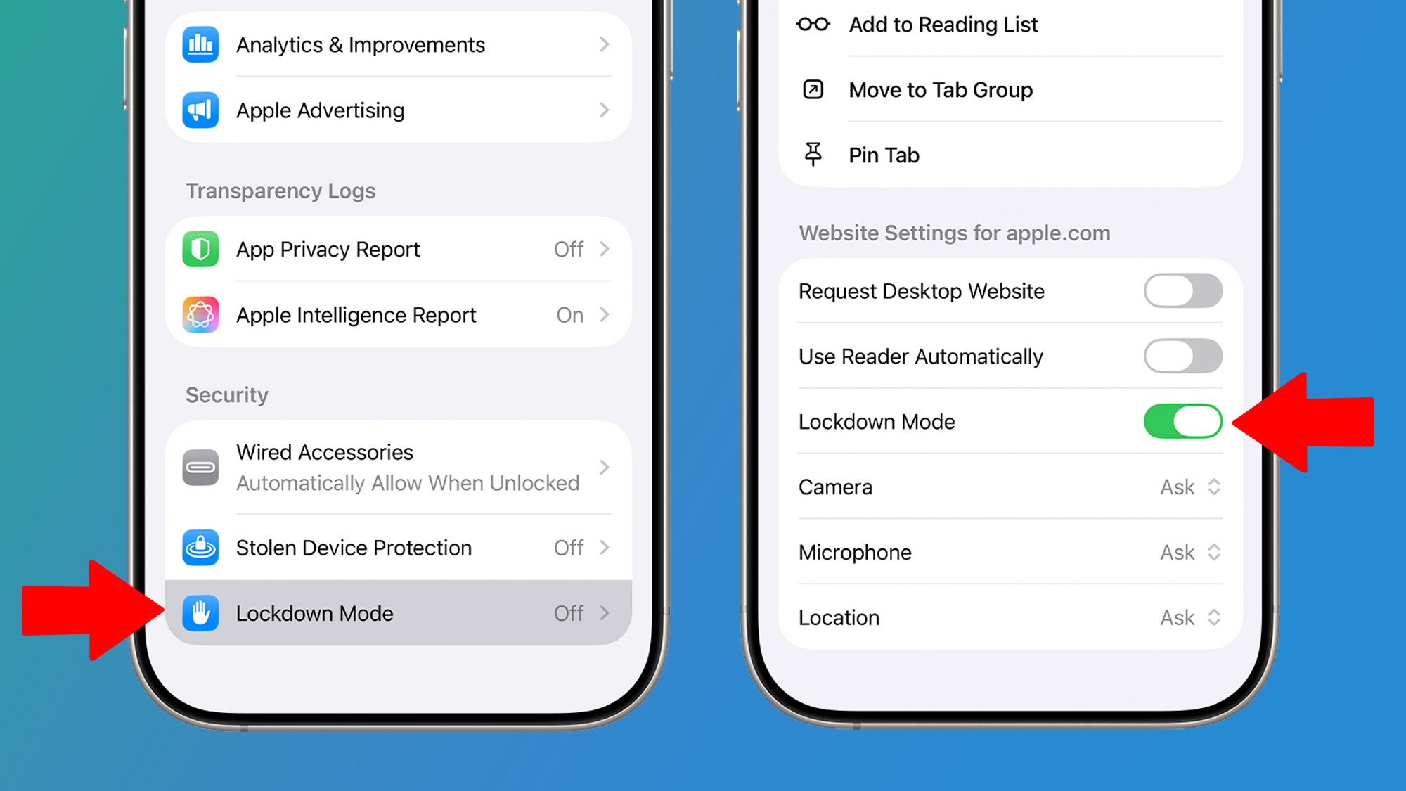 Two iPhones on a green and blue background showing Lockdown mode in the settings