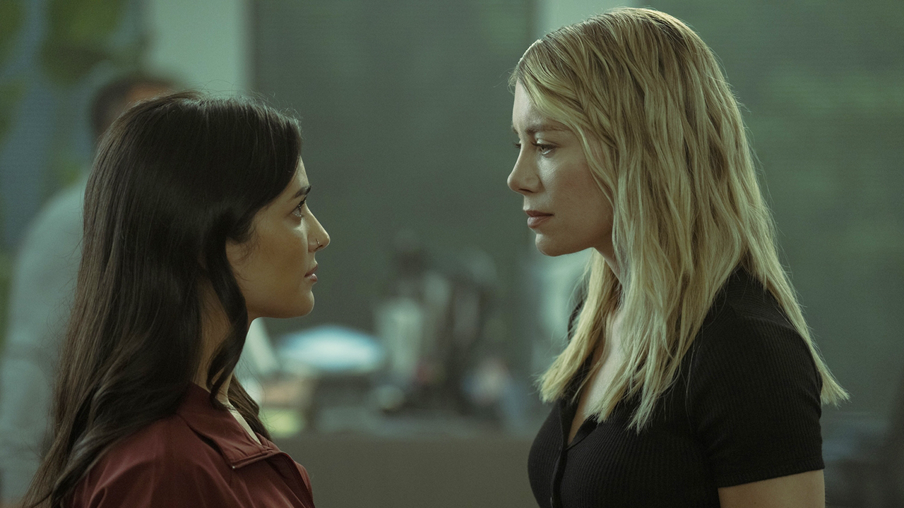 Sasha Bordeaux and Emilia Harcourt stare at each other in Peacemaker Season 2 Section 5
