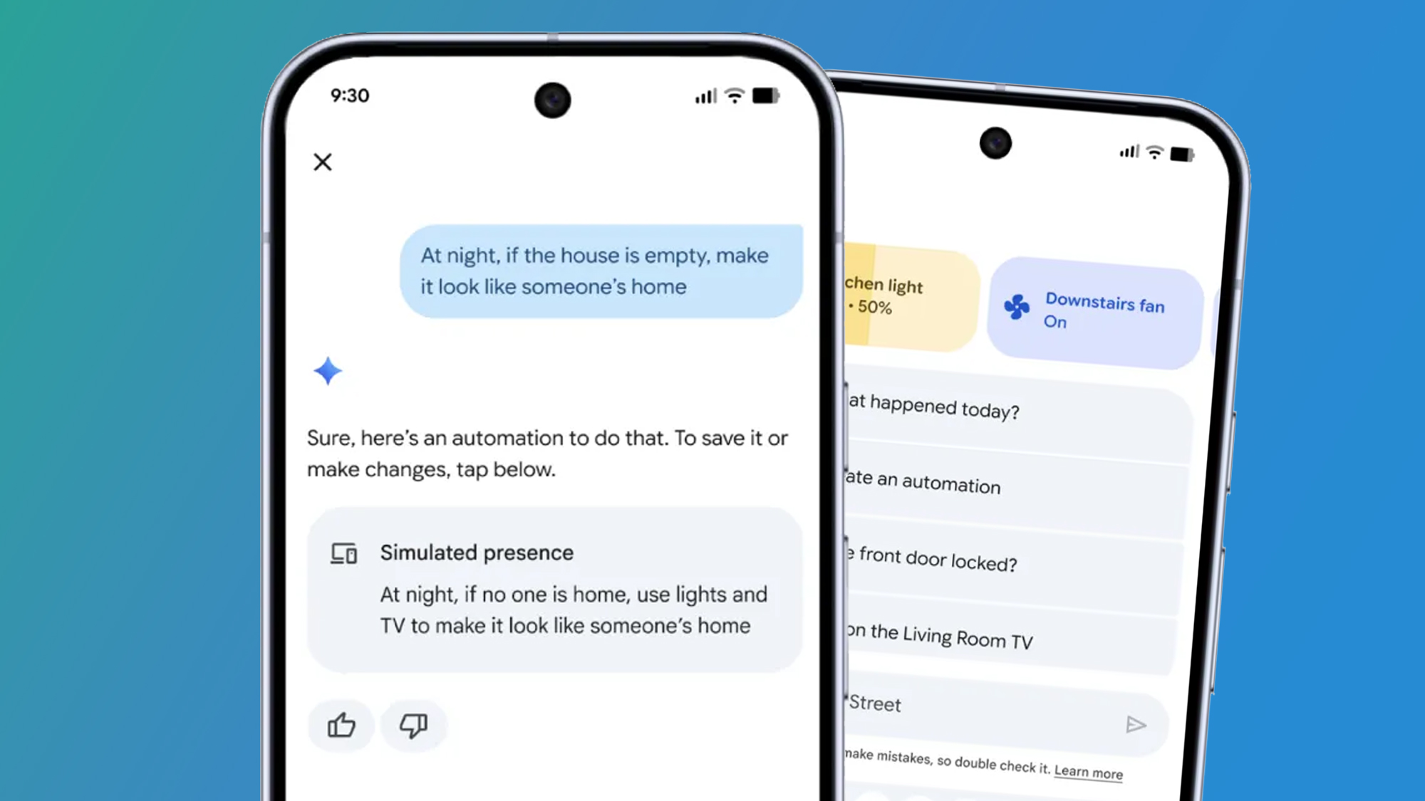 Two phones on a green and blue background showing gemini for home
