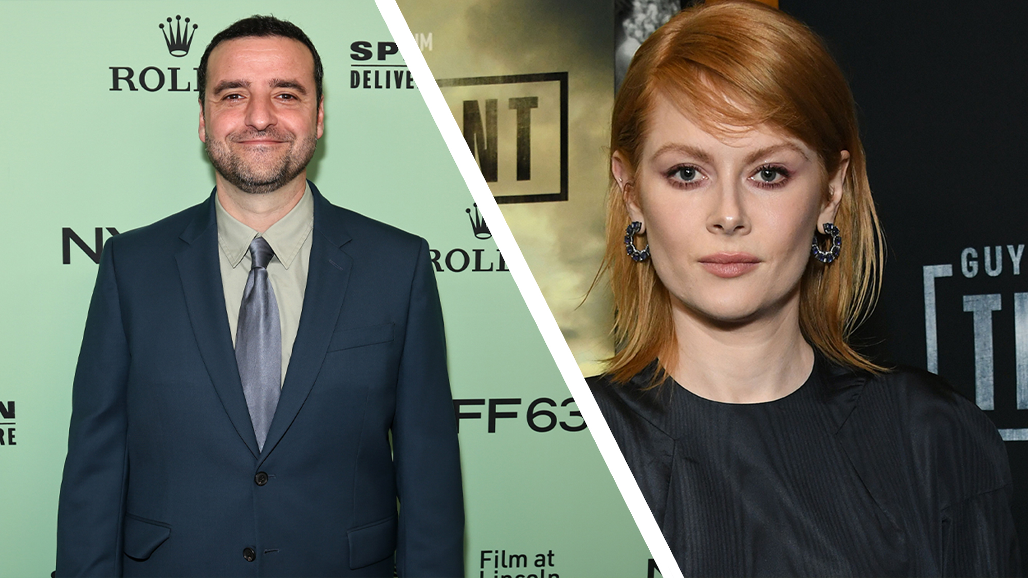 A collage showing David Krumholtz and Emily Beecham, posing for photographs at various red -ups