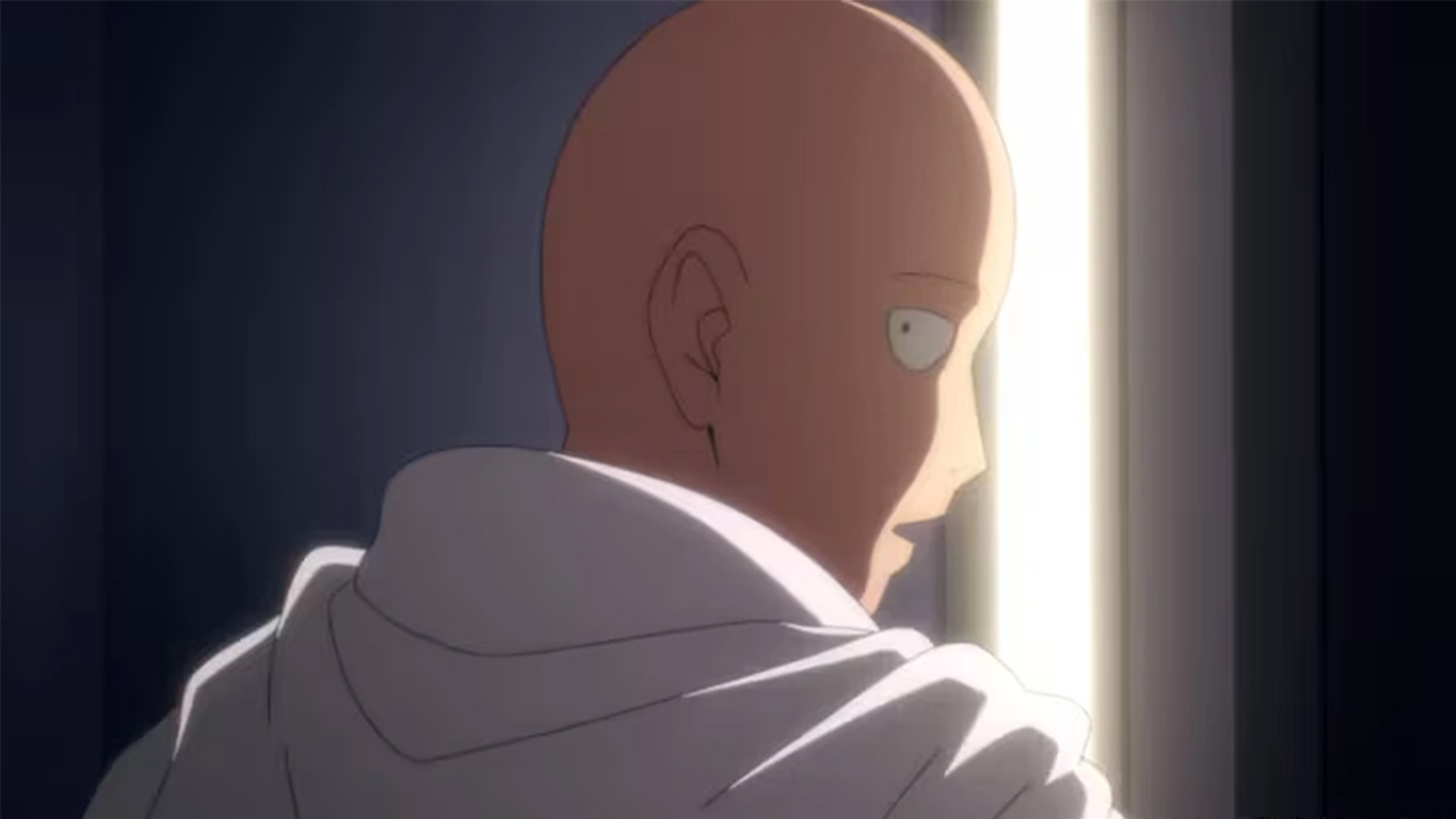 An anime -character sees behind them with a strip of light covering half their face