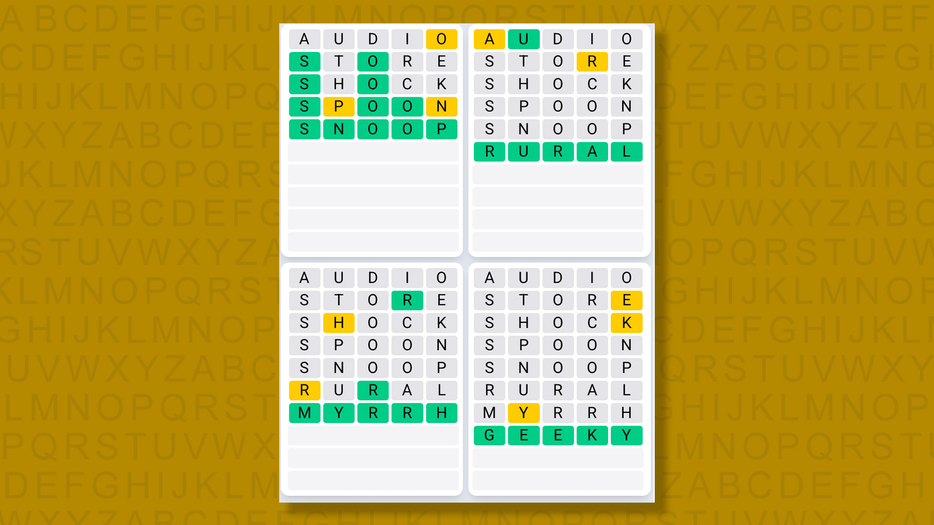 Quordle Daily Sequence Reply to Games 1354 on a Yellow Background
