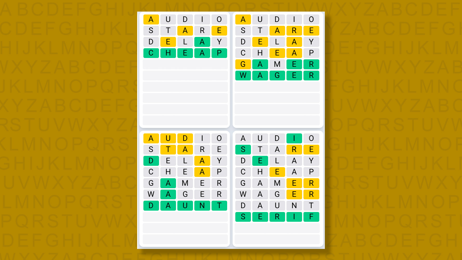 Quordle Daily Sequence Reply to Games 1355 on a Yellow Background