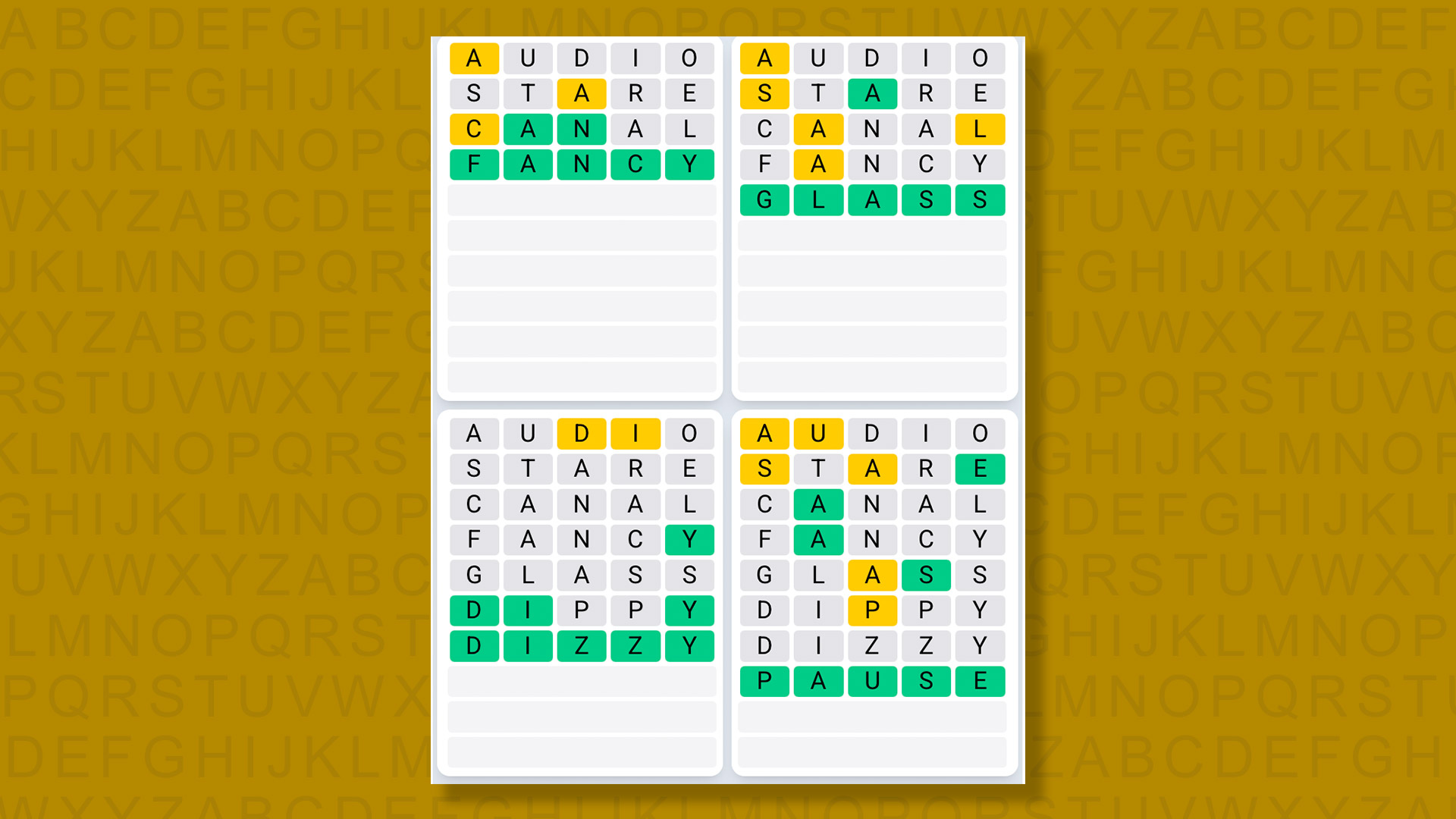 Quordle Daily Sequence Reply to Games 1357 on a Yellow Background