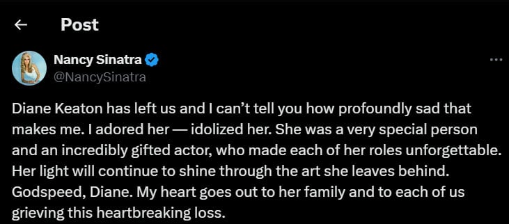 Hollywood responds to Diane Keaton's death