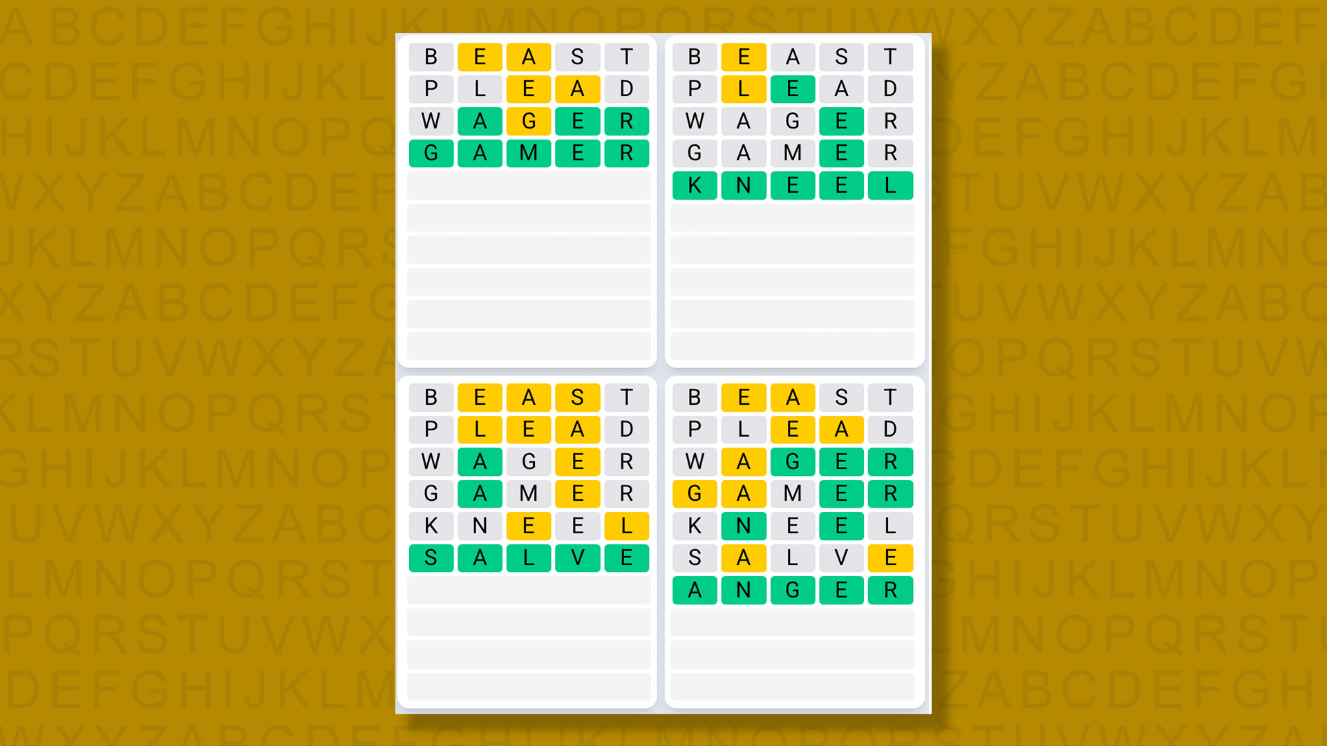 Quordle Daily Sequence Reply to Games 1360 on a Yellow Background