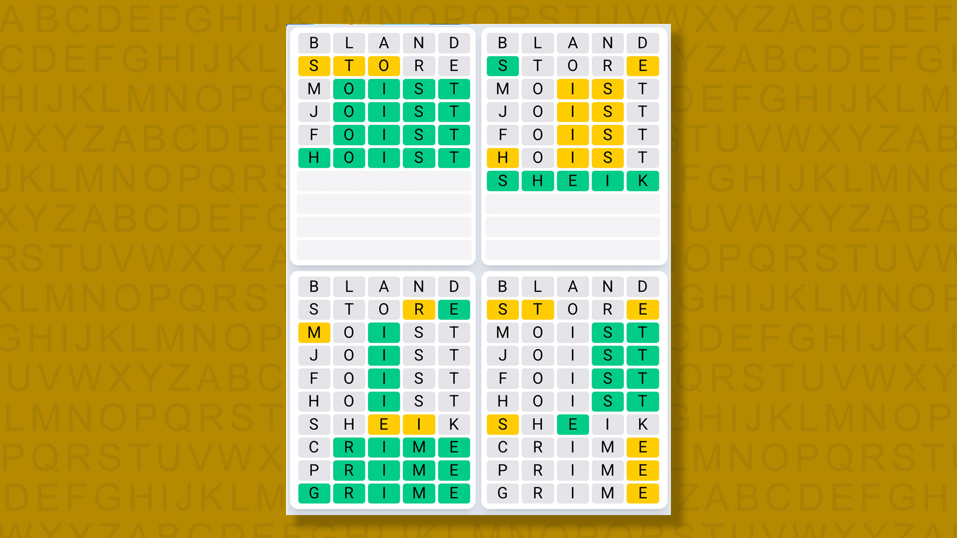 Quordle Daily Sequence answers for game 1361 on a yellow background