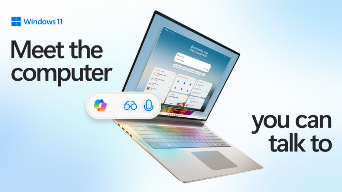 Windows 11: "meet the computer you can talk to" shows a laptop running the Copilot app
