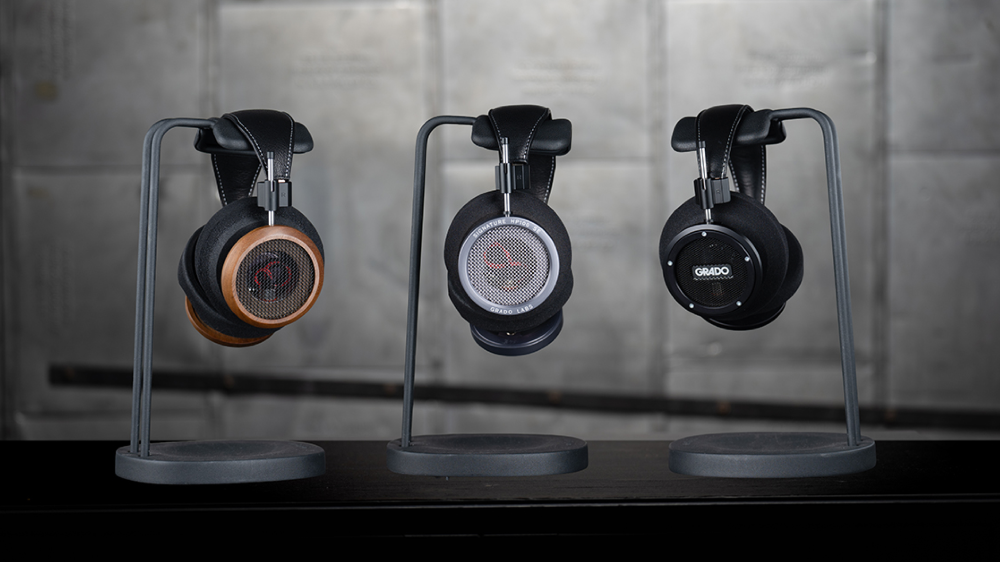 Grado Signature S750 on a stand, with the other two signature models on stands to the left.