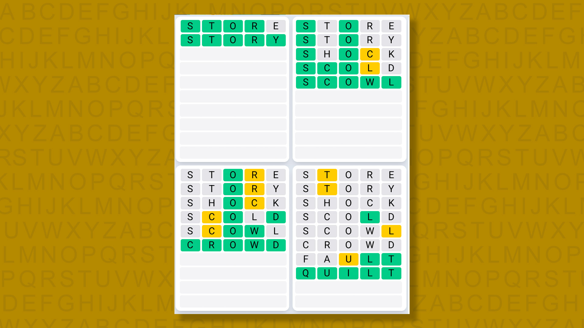 Quordle Daily Sequence answers for game 1364 on a yellow background