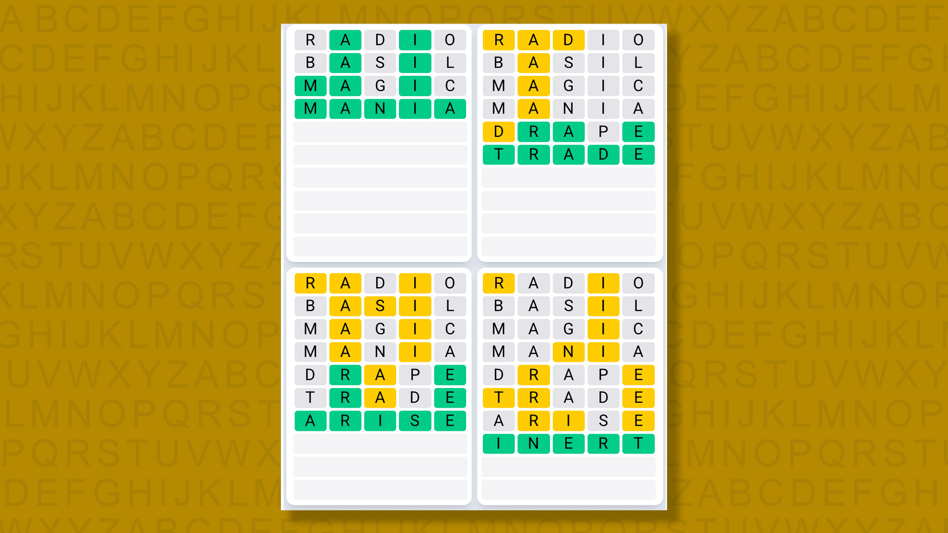 Quordle Daily Sequence answers for game 1365 on a yellow background