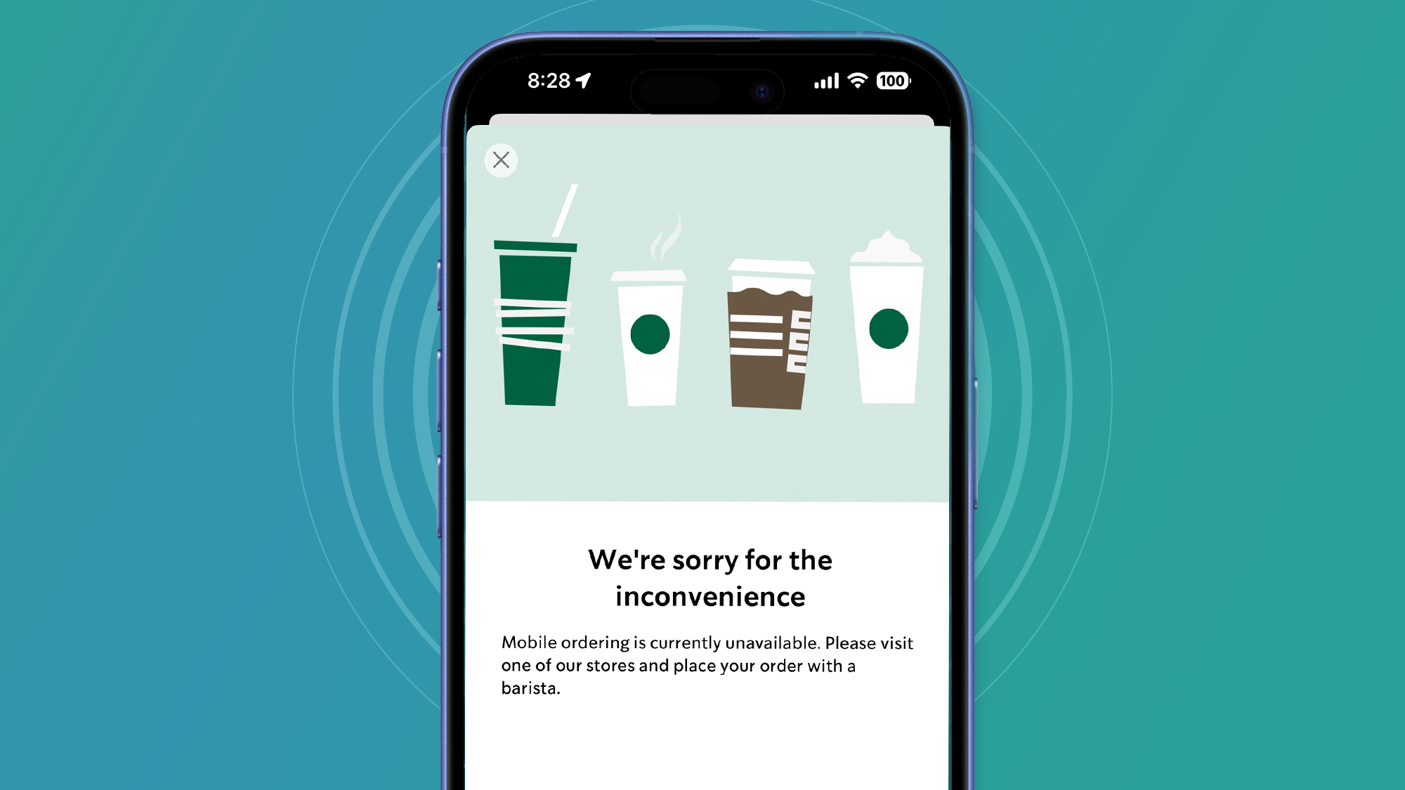 A phone on a green and blue background showing that the Starbucks app is not working
