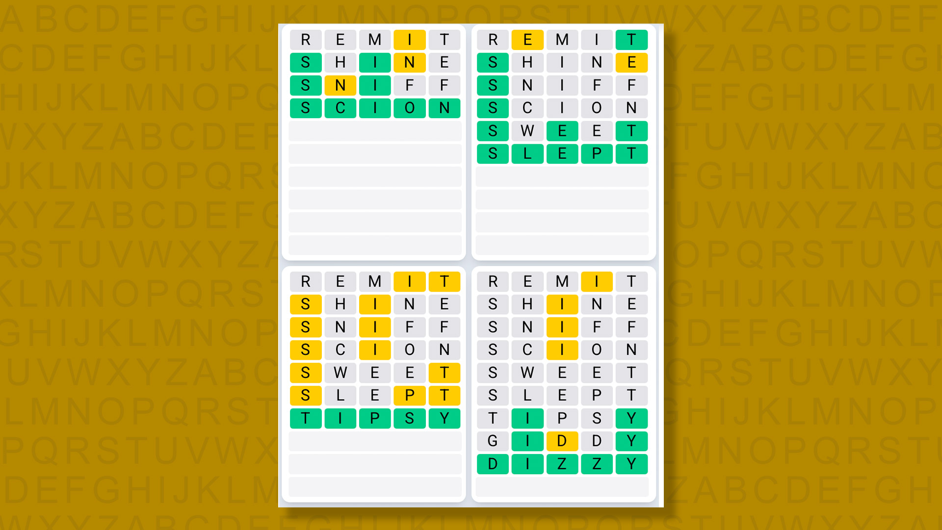 Quordle Daily Sequence answers for game 1367 on a yellow background