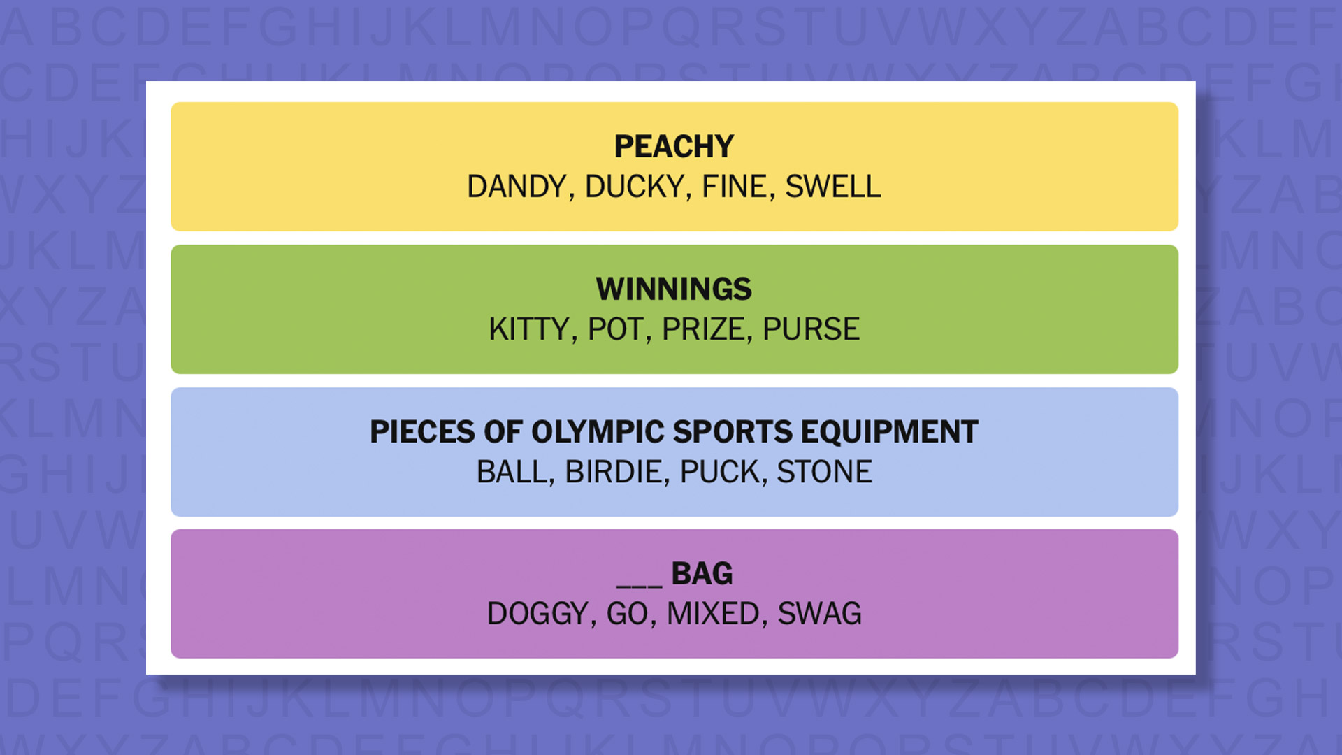 NYT Connections answers for game 865 on a purple background