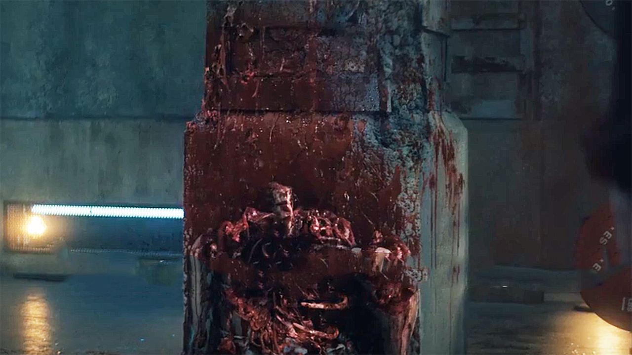 Thomas Godolkin's bloody corpse propped up against a pillar in Gen V Season 2 Episode 8
